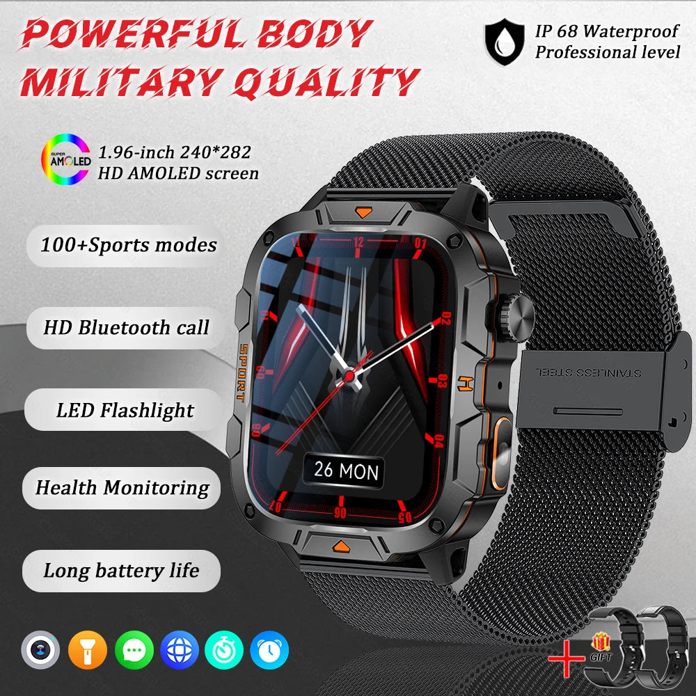2025 New Military Smart Watch for Men – 1.96" AMOLED Display, 5ATM Waterproof Fitness Tracker | Bluetooth Call Smartwatch for Xiaomi