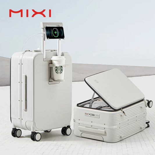 Mixi New Aluminum Frame Suitcase | Carry-On Rolling Luggage with USB, Cup & Phone Holder | 20/24 Inch Cabin Bag