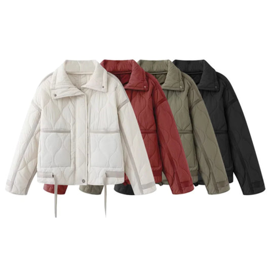 Autumn and winter new women's stand-up collar quilted casual cotton coat with loose fit and large pockets