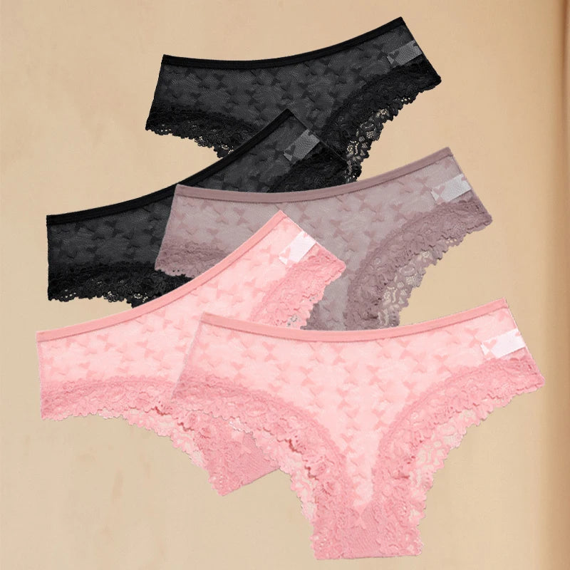 FINETOO 5PCS Women's Lace Hollow Out Panties Sexy Floral Solid Color Underwear Lingerie S-XL