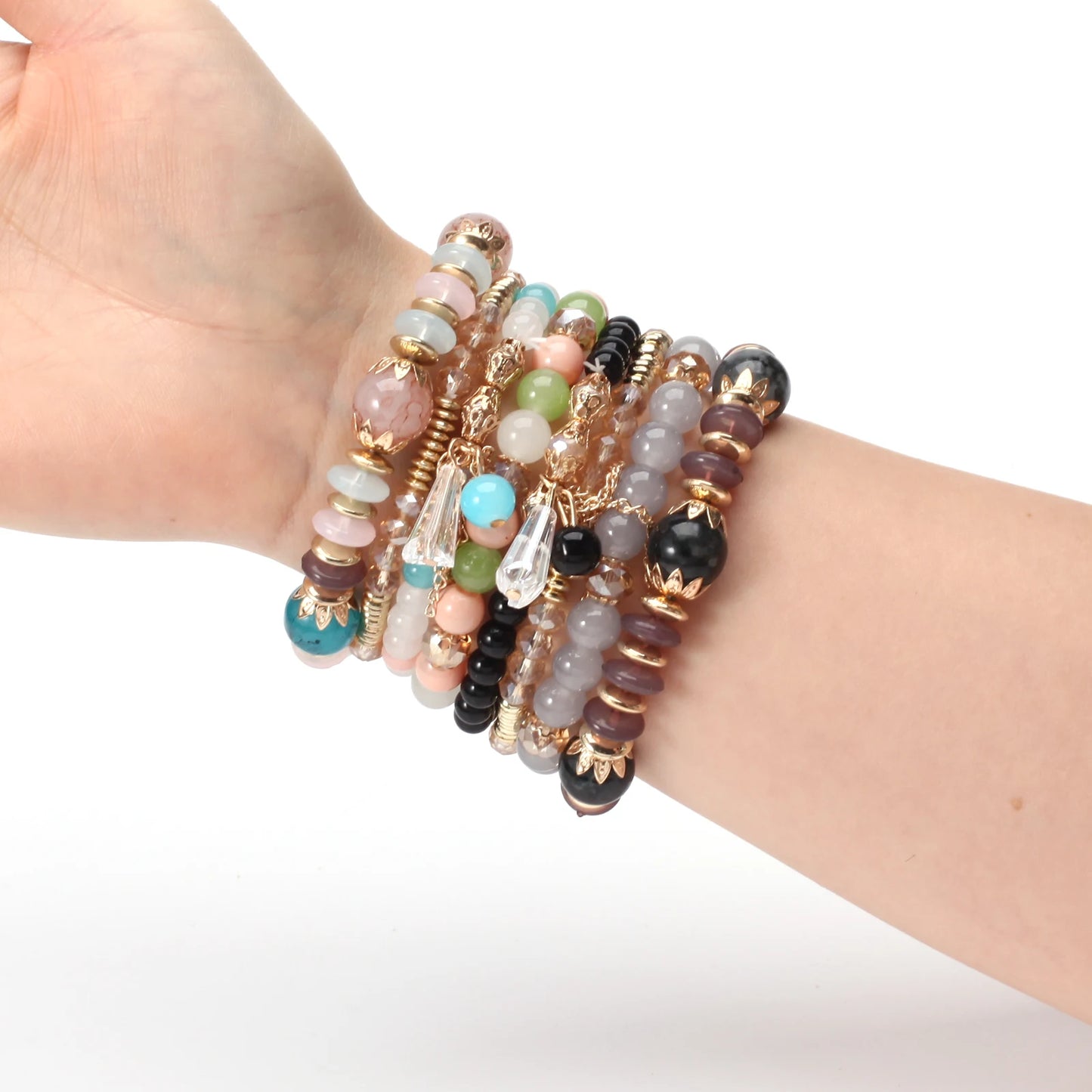 Bohemian Stackable Bead Bracelets for Women – Multilayered Stretch Bangles with Pendant Charms
