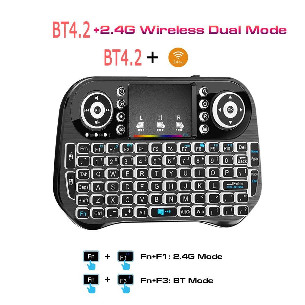 Bluetooth Wireless Mini Keyboard – RGB Backlit, 2.4G USB Receiver, English/Russian/French/Spanish/Portuguese/Arabic/Hebrew Layout for Android TV Box, PC, Laptop, Smart TV