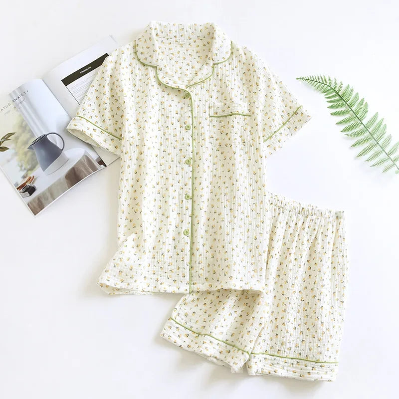 Japanese Summer Women's Pajama Set | Cotton Gauze Short Sleeve & Shorts Cute Heart Sleepwear