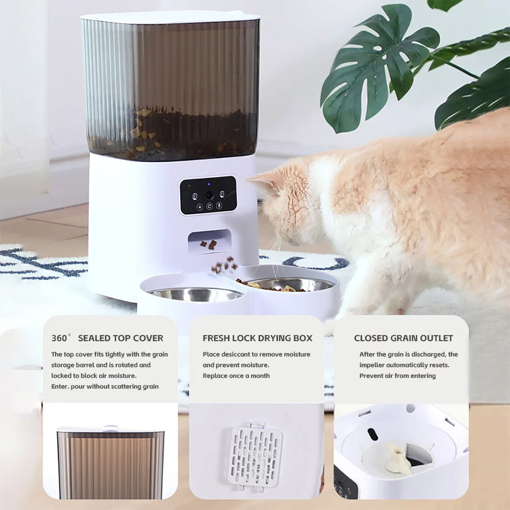 5L Smart Automatic Cat & Dog Feeder – Dual Bowls with Camera, Voice Recorder & Video Food Dispenser