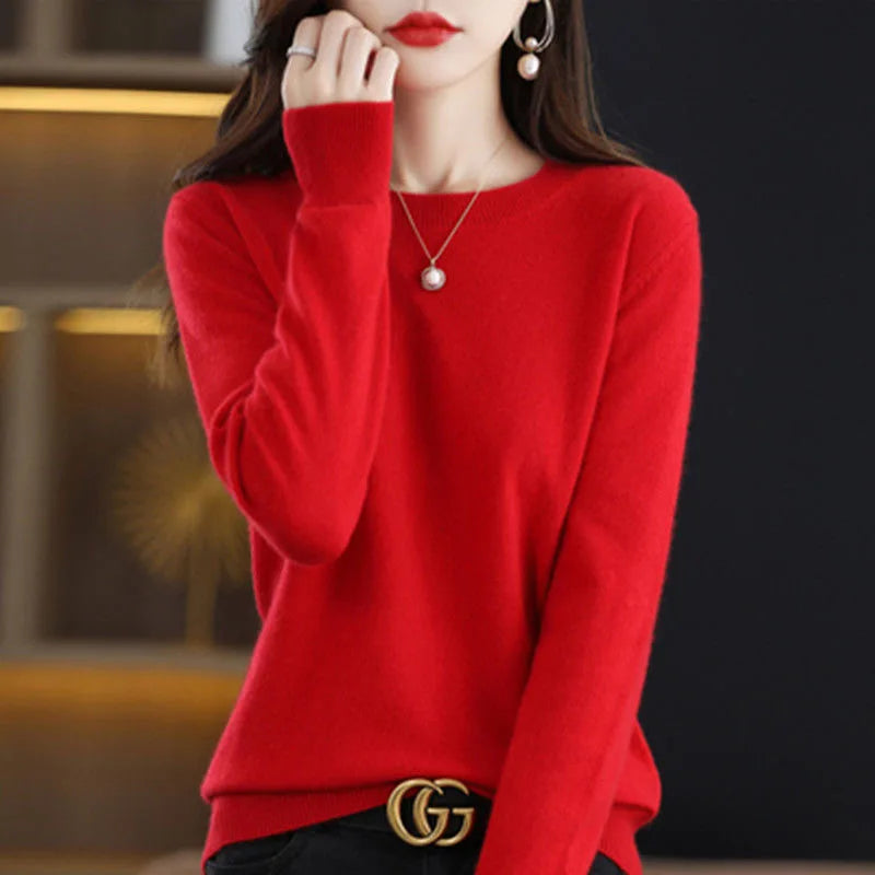 Women O-Neck Sweater Autumn Winter Basic Pullover Warm Long-Sleeve Knitwear