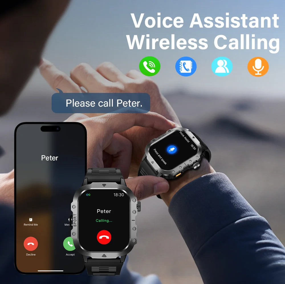 ساعة LAXASFIT الذكية للرياضة الخارجية | شاشة عالية الدقة 2.01 بوصة، مصباح يدوي LED، اتصال بلوتوث، ساعة ذكية لتتبع اللياقة البدنية للرجال والنساء