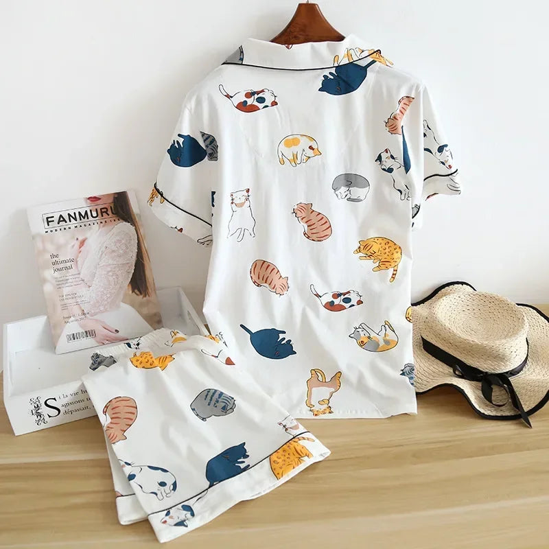 New 100% Cotton Short-Sleeved Pajama Set for Women | Cute Cartoon Japanese-Style Summer Sleepwear