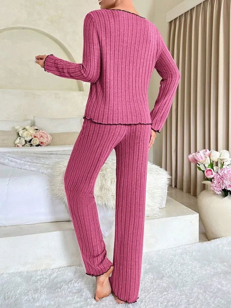 Autumn Winter Women's Ribbed Pajama Set | Long Sleeve Top & Pants 2-Piece Casual Homewear