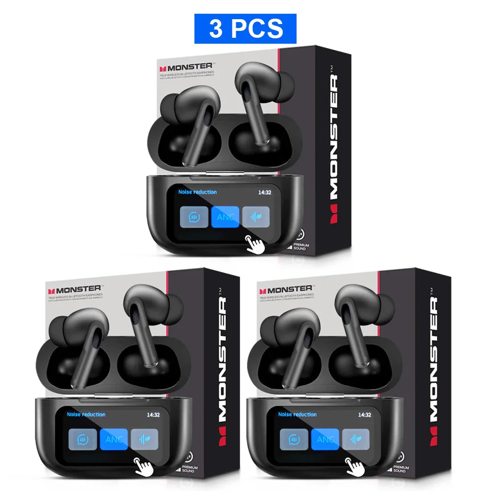 MONSTER TWS Wireless Bluetooth Earphones – HD Stereo Sound, LCD Touch Display, Sports In-Ear Headset with Charging Box