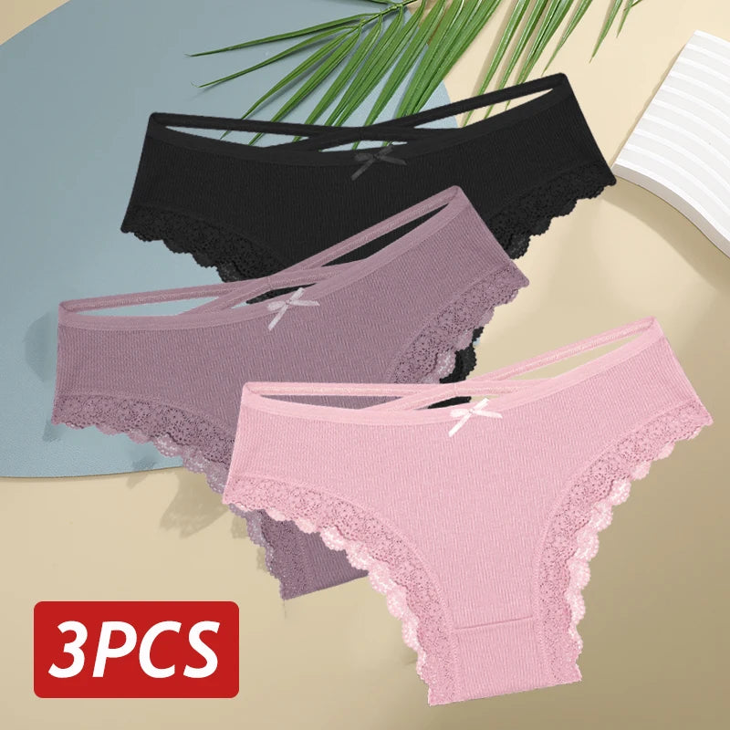 3PCS Set Women's Cotton Low Rise Lace Brazilian Panties Soft Breathable Bow Lingerie Underwear S-XL