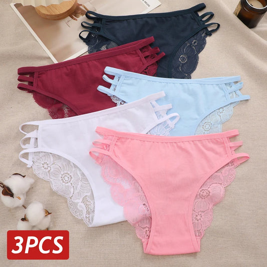 3PC Set Women's Sexy Lace Low Rise Hollow Out Floral Panties Transparent Soft Elastic Lingerie