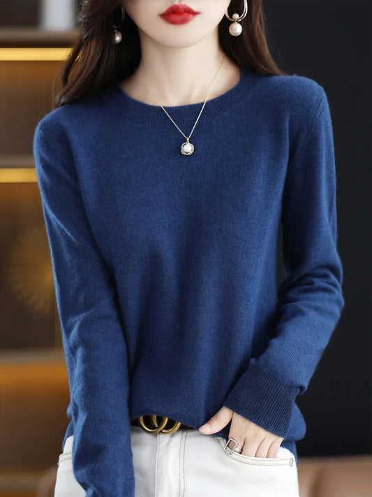 Fashion 100% Merino Wool Cashmere O-Neck Sweater Women Long Sleeve Knitwear