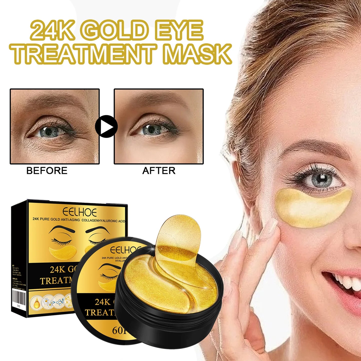 EELHOE 24K Gold Under Eye Patches – 60 Pcs Collagen & Hyaluronic Acid Anti-Aging Eye Mask