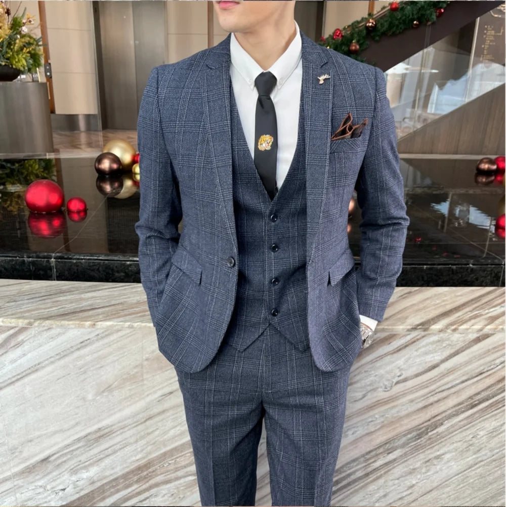 Men's British Korean Style 3-Piece Plaid Suit – Stylish Business Casual Outfit