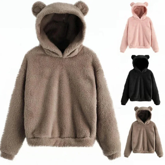 Autumn Winter Women's Long Sleeve Rabbit Ear Hood Plush Sweatshirt Cute Warm Hoodie