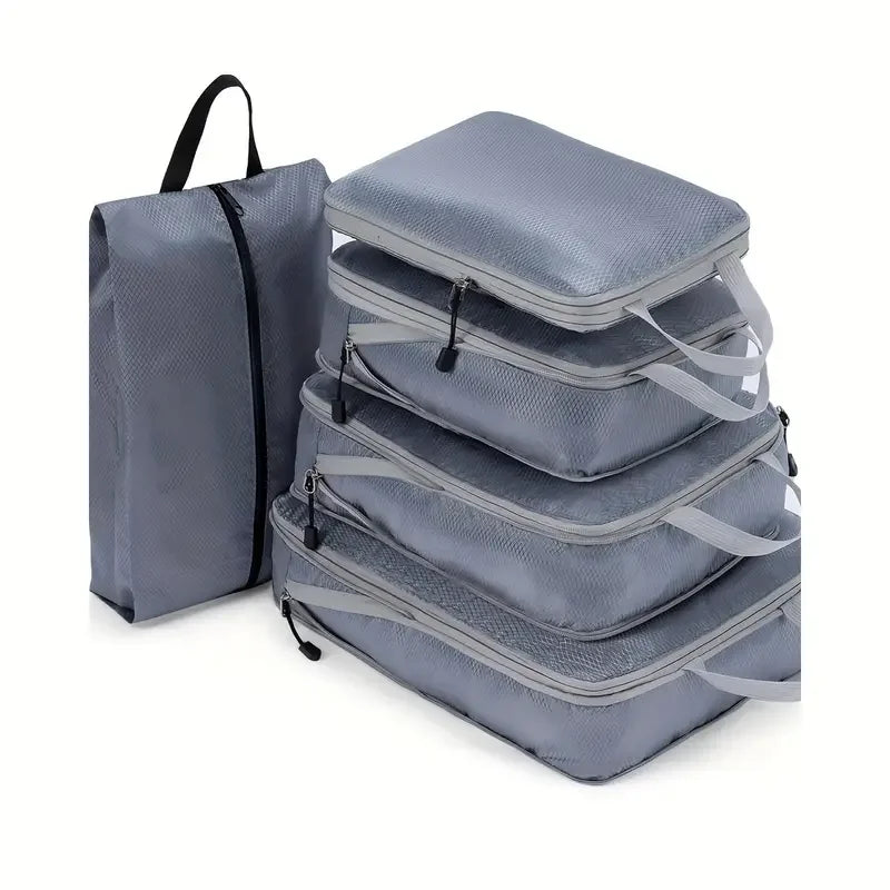 5-6PCS Compressed Packing Cubes Set | Portable Lightweight Travel Luggage Organizer with Shoe Bag & Mesh Storage