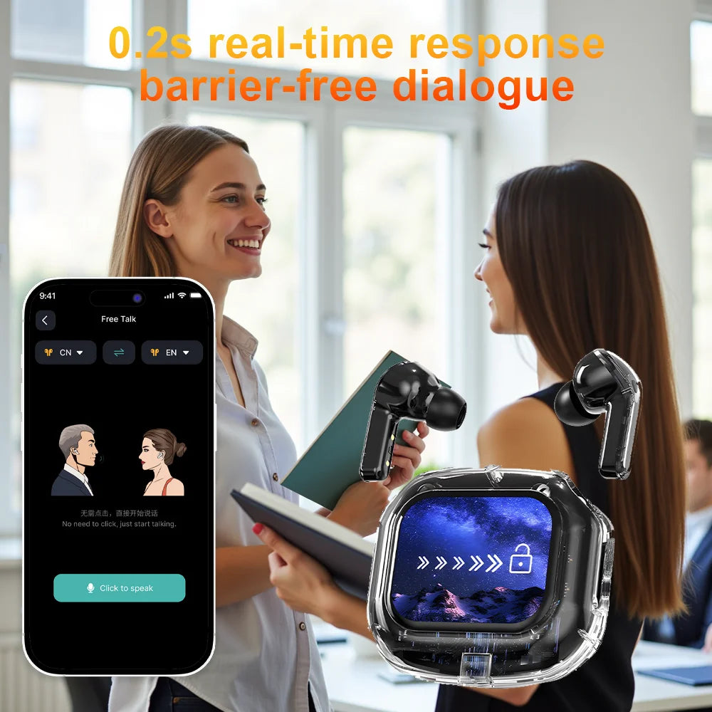 Wireless Bluetooth Earphones – 144-Language Real-Time Translation, Smart Touch Screen, HiFi TWS Headset for Business