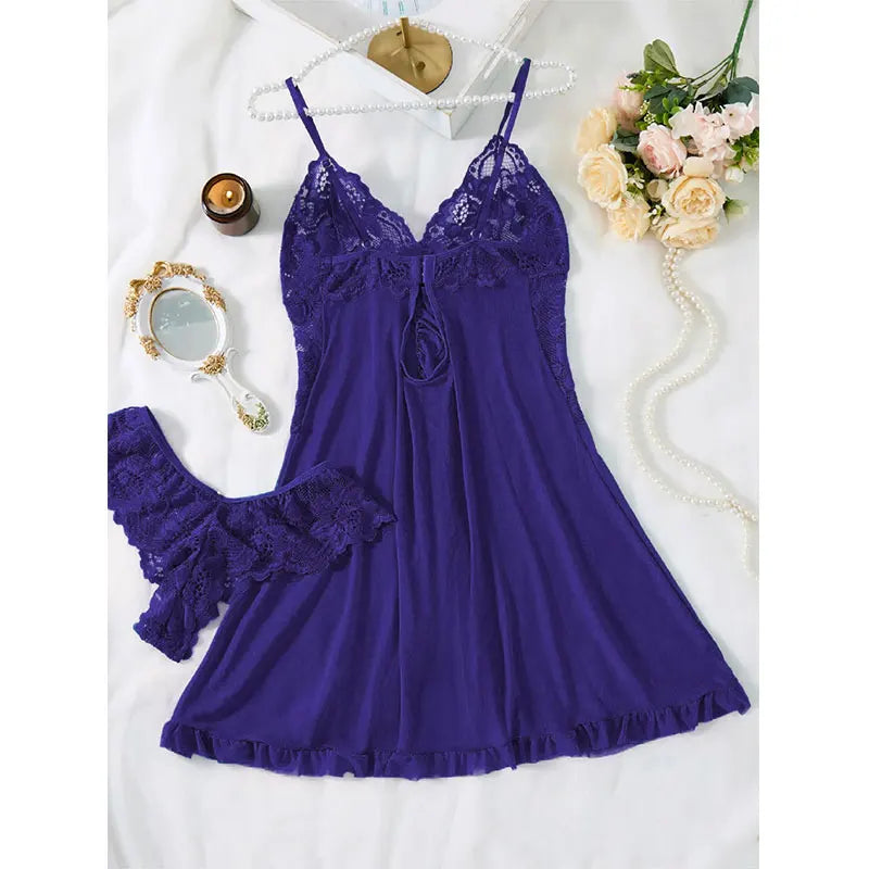 Summer Women's Sexy Sleepwear Set | Lace Sheer Backless V-Neck Nightdress with Thong | Soft Solid Color Pajamas