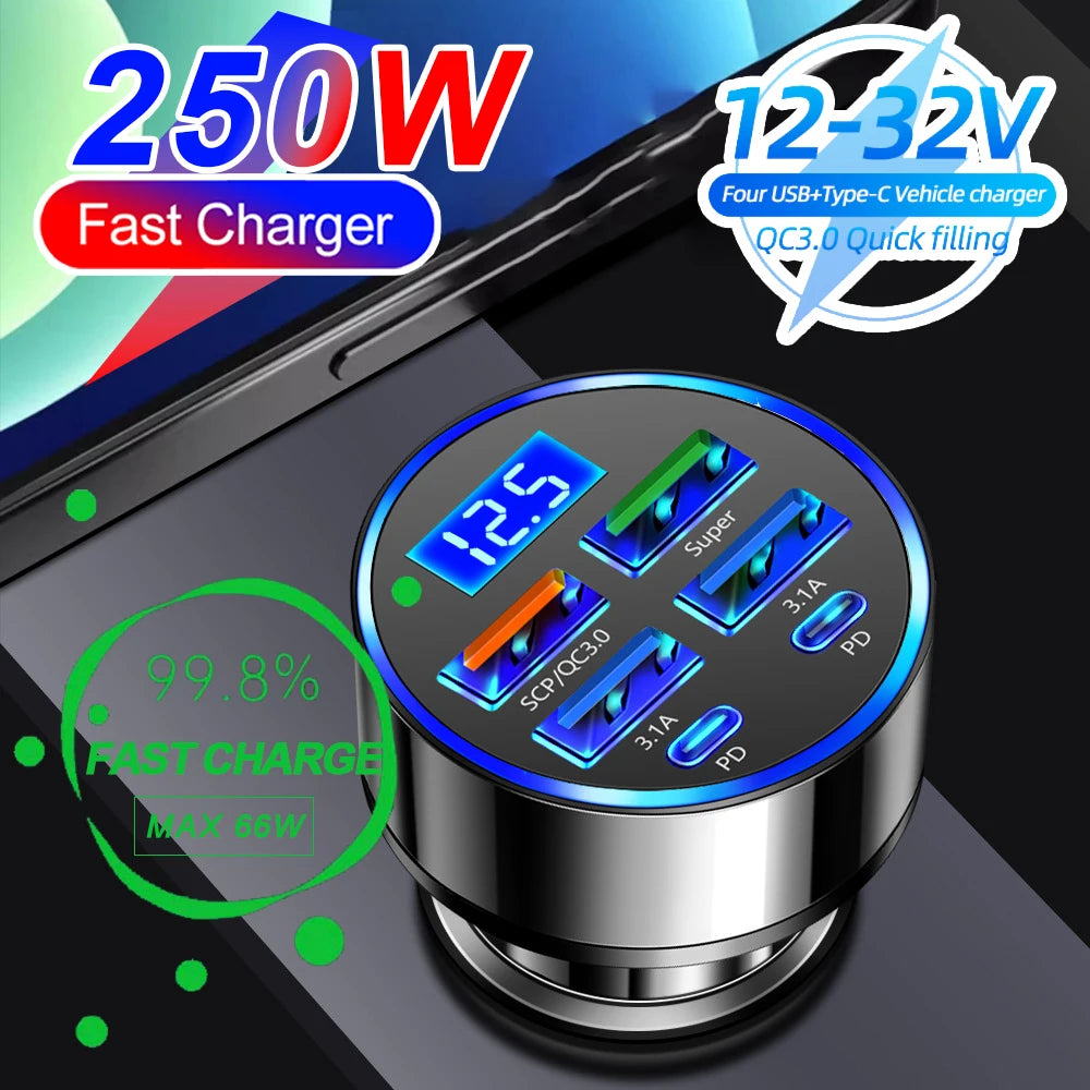 66–250W PD Car Charger – QC3.0 Fast Charging Cigarette Lighter Splitter with Digital Display (1-to-6 Ports)