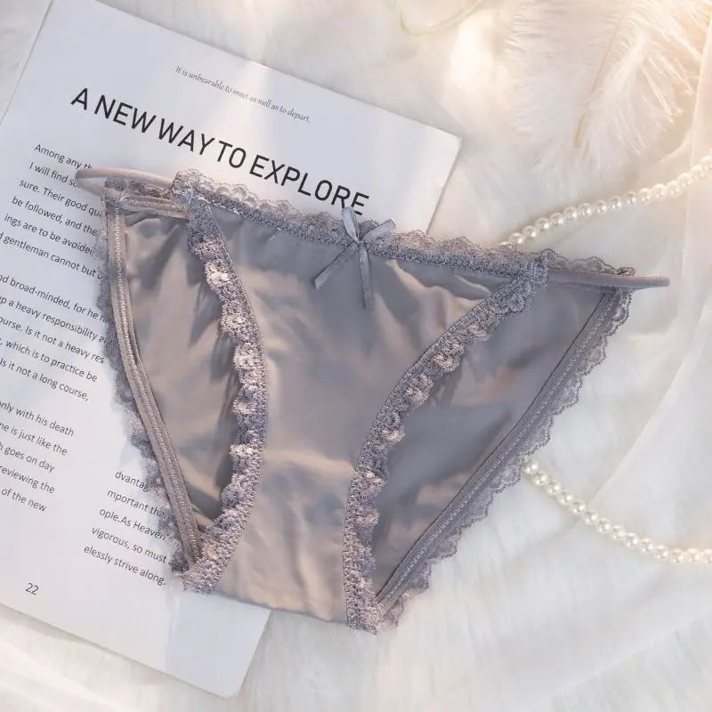 Ice Silk Women's Lace Low Waist Sexy Thong Panties Solid Color Bikini G-String Lingerie