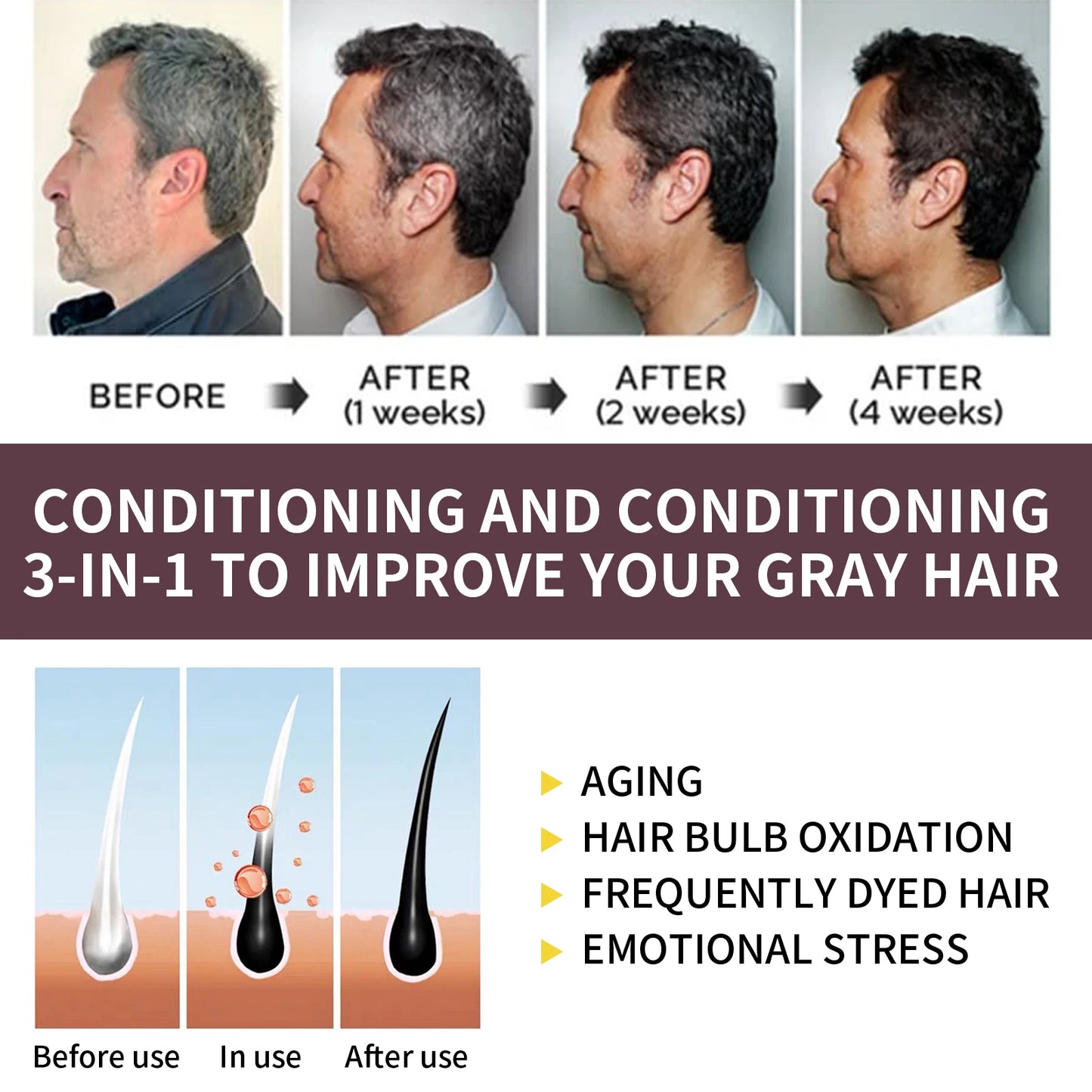 بخاخ لتغميق الشعر - مضاد للشيب، لون طبيعي من الأبيض إلى الأسود، زيت مغذي ومصلح لفروة الرأس