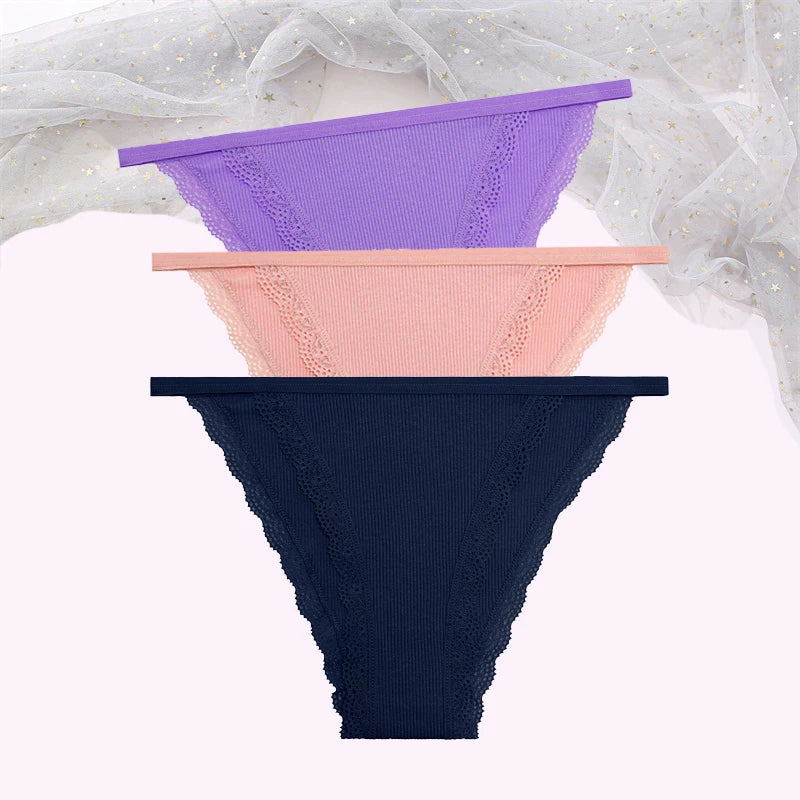 FINETOO Women's Cotton Lace Panties 3PCS Set S-XL Comfortable Soft Underwear Intimates