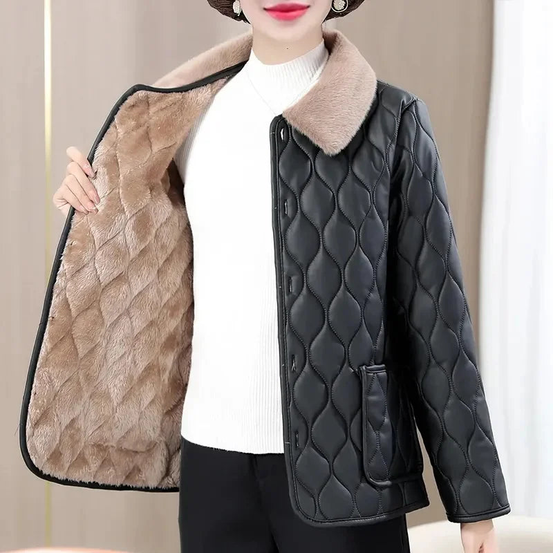 Winter Plush Jacket Plus Size Loose Thick Fur Collar Coat for Mid-Aged Women Velvet Quilted Warm Coat