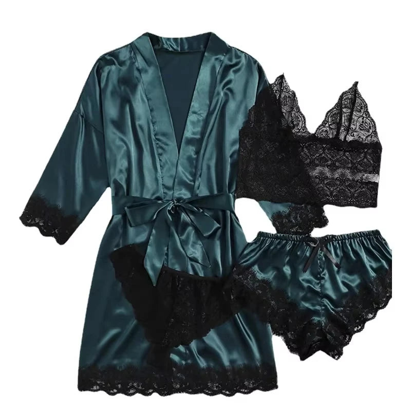 Women's Sexy Lace Trim Faux Silk Satin Pajama Set – Comfortable Loungewear