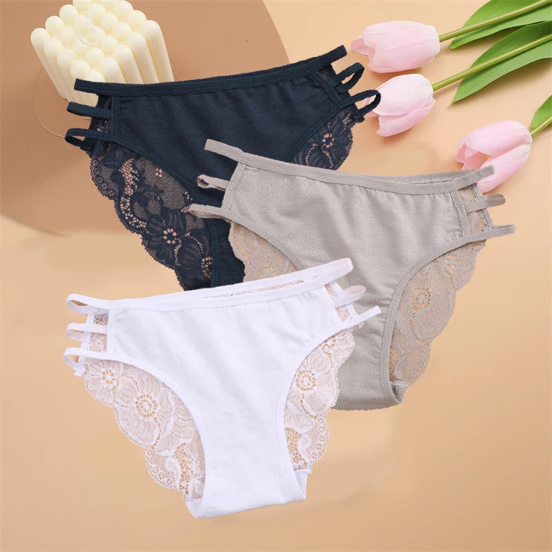 FINETOO 3PCS Women's Lace Floral Low-Waist Triple Belt Panties Soft Sexy Lingerie Underwear