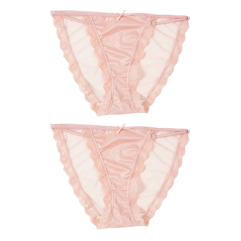 2PCS Women's Mesh Satin Ice Silk Low Rise Panties Soft Breathable Sexy Lace Underwear