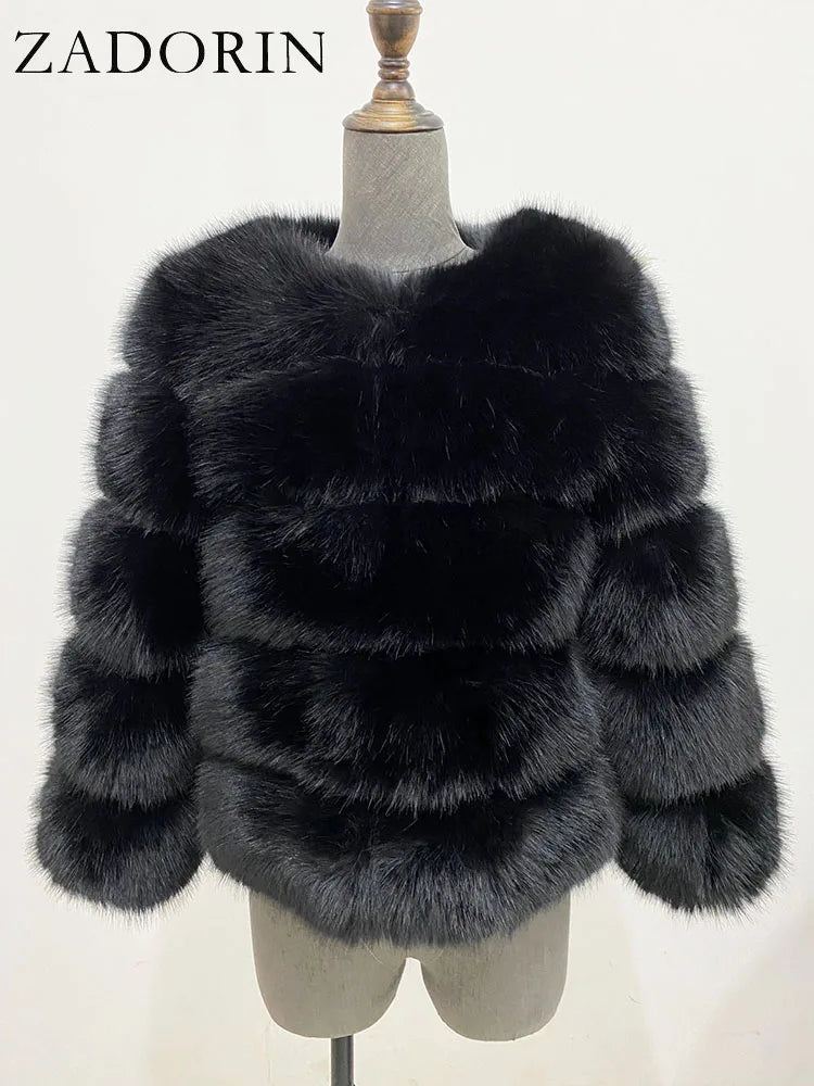 ZADORIN S-6XL Women's Mink Faux Fur Coat Winter Elegant Fluffy Short Jacket Black & White