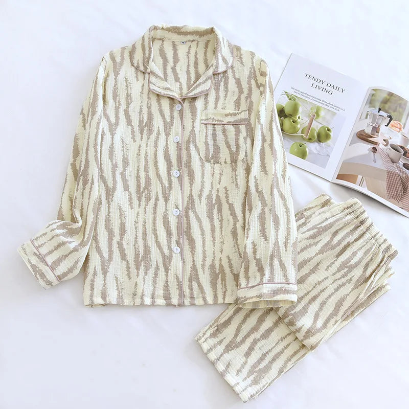 2025 Spring & Autumn Women's Pajama Set | 100% Cotton Crepe Long Sleeve Top & Pants | Cute Sweet Two-Piece Homewear