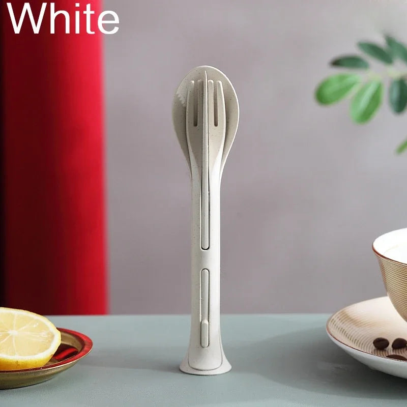 مجموعة أدوات مائدة محمولة من قش القمح مكونة من 3 قطع - أدوات مائدة سفر قابلة للفصل للتخييم والنزهات وتناول الطعام في الهواء الطلق