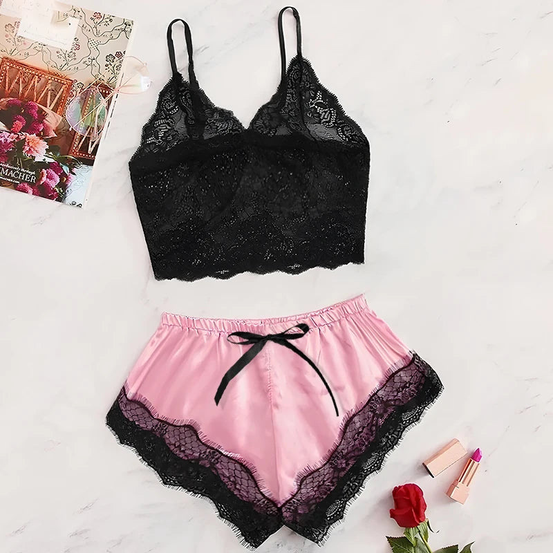 2PCS Women’s Satin Pajama Set – Lace Cami Top & Shorts, Sexy Sleepwear Lingerie, Summer Breathable Nightwear Black & Pink
