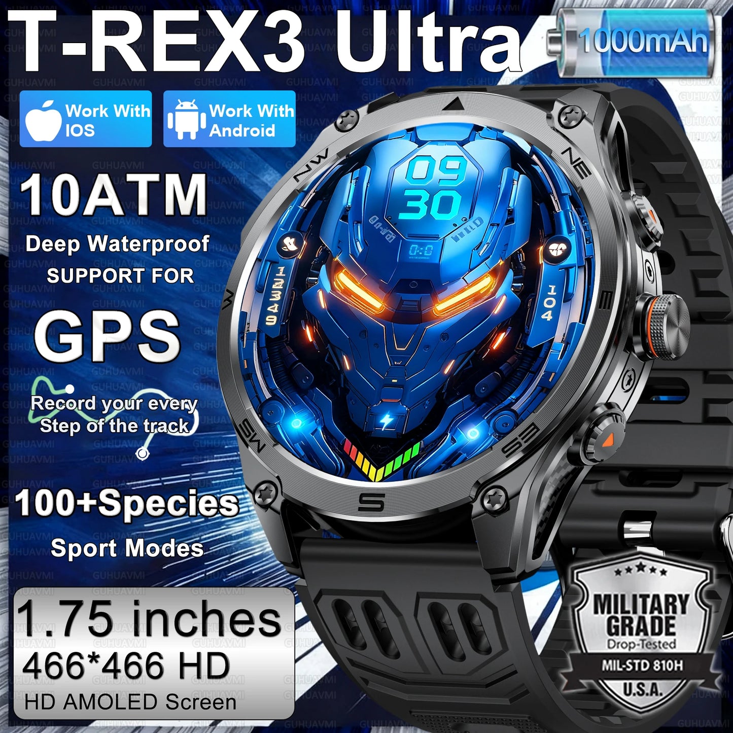 2026 New Military Smart Watch for Men – 1000mAh Battery, GPS Trace, Compass, 10ATM Waterproof, Tactics Sport, Flashlight & Call