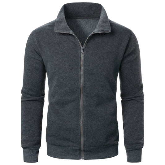 Men’s Casual Sports Jacket – Solid Color Zipper Stand-Up Collar Coat