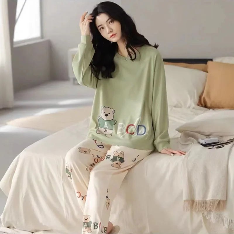 Plus Size Women's Pajama Set | Fall & Winter Long Sleeve Cartoon O-Neck Top & Bottom | Two-Piece Homewear Sleepwear