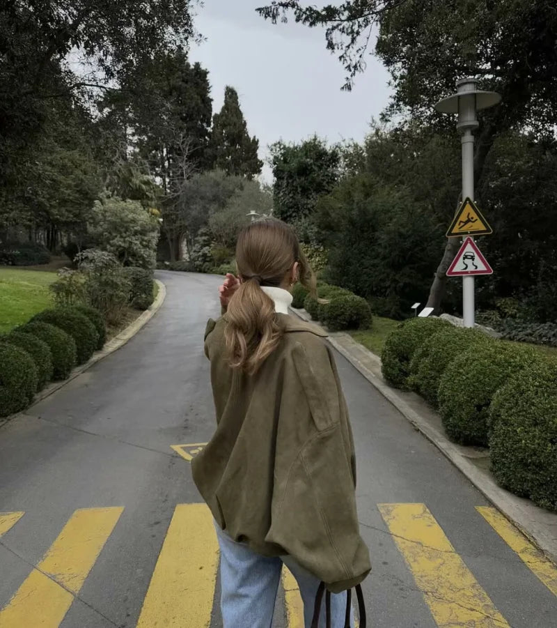 ETJ 2025 Spring Women's Suede-Texture Loose Lapel Shoulder Bomber Jacket