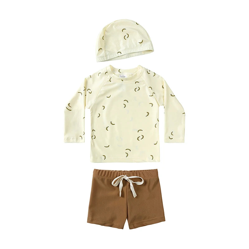 2025 Kids Boys Sun Protection Swimsuit Set Long Sleeve Tops Beach Pants Hat 1-7T