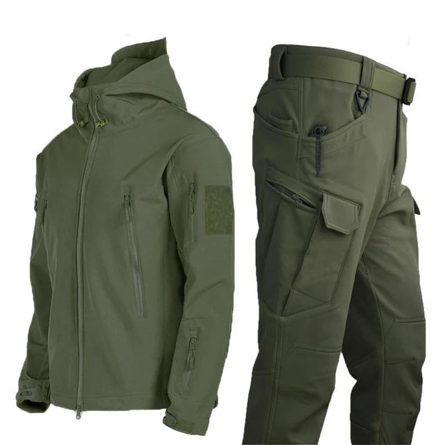 Men’s Fleece Waterproof Tactical Jacket Set – Warm Elastic Hooded Outdoor Hiking & Fishing Tracksuit S-5XL