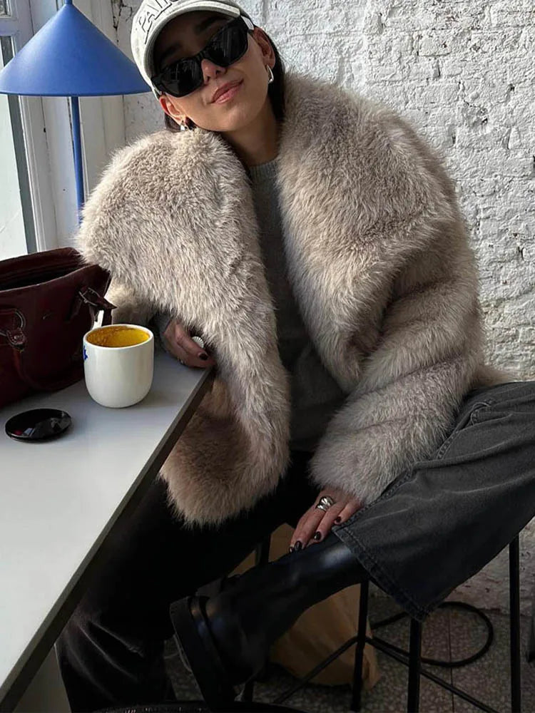 HH Women Fashion Cropped Faux Fur Jacket Long Sleeve Snap-Button Outerwear Chic Lapel Collar