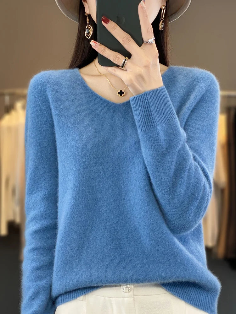 Fashion 100% Merino Wool Cashmere V-Neck Sweater Women Long Sleeve Autumn Winter Knitwear