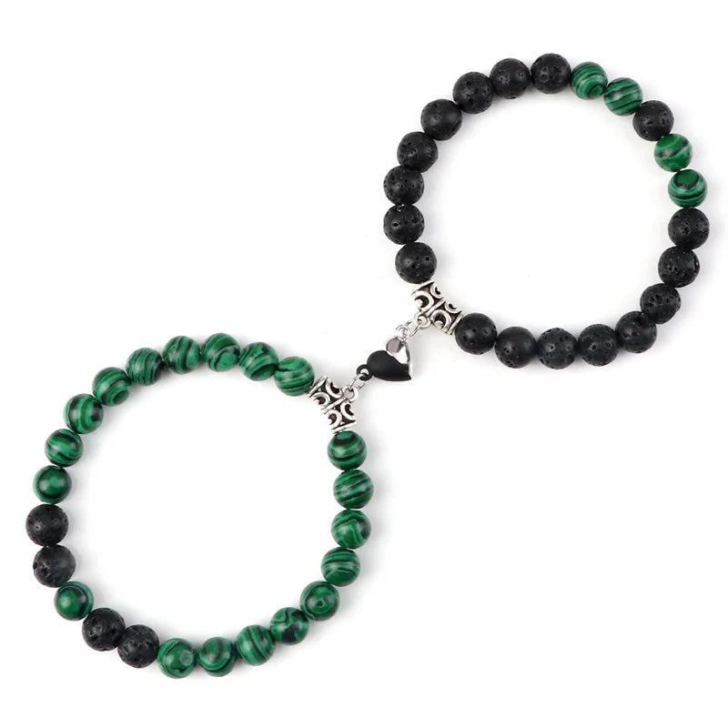 2-Pcs Natural Stone Bead Couple Bracelets – Heart Magnet Distance Friendship Jewelry Gift for Lovers