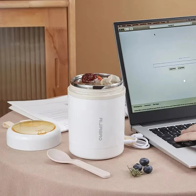 صندوق غداء كهربائي للتسخين بمنفذ USB سعة 600 مل - جهاز محمول لتسخين الطعام من الفولاذ المقاوم للصدأ للاستخدام في المنزل والمكتب والسفر