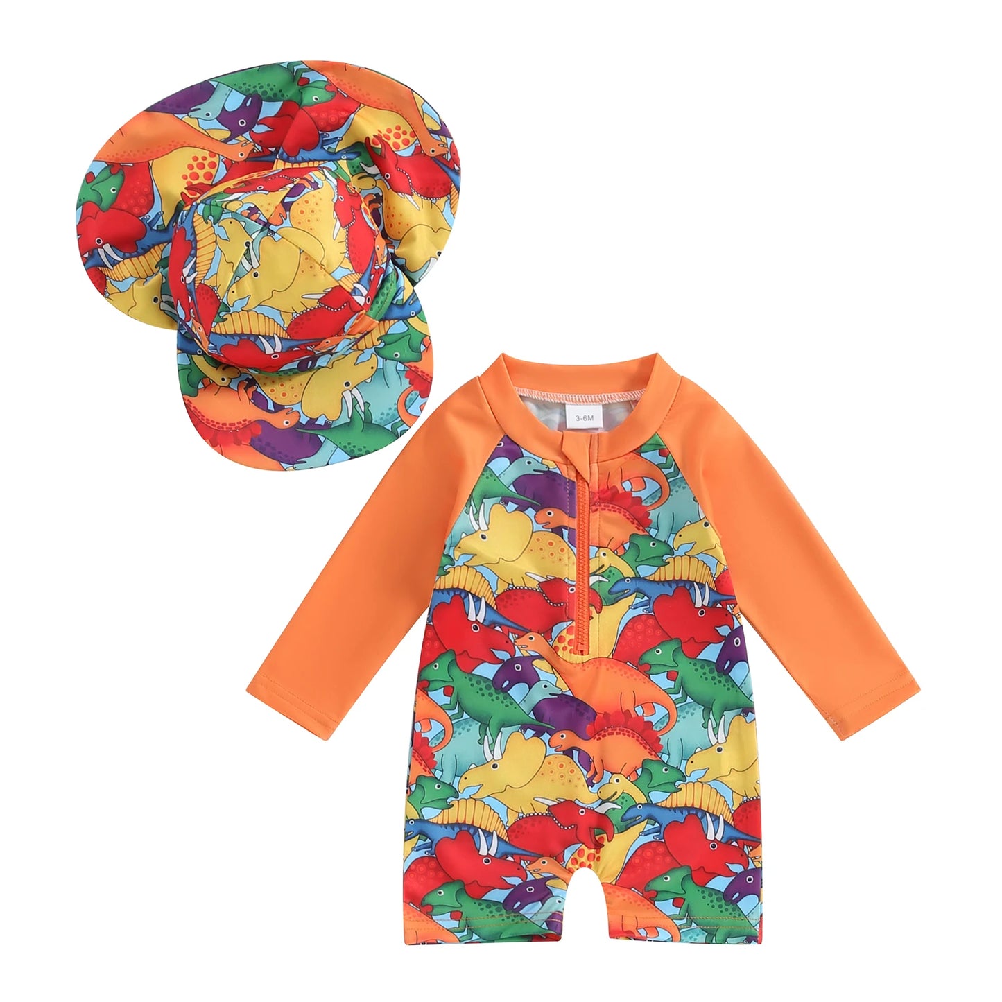 Kids Long Sleeve Swimsuit Set Floral Tropical Print Zip Up with Hat Summer Beachwear