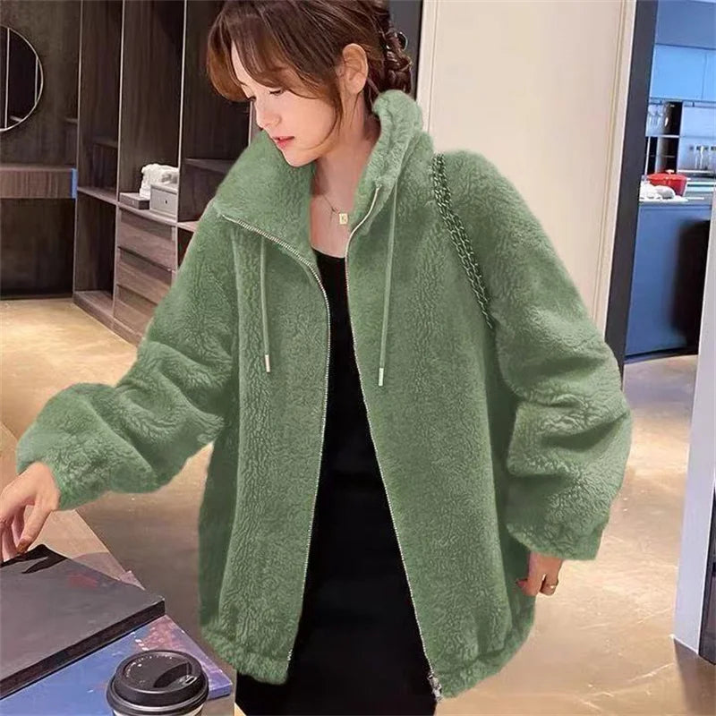 Winter Warm Double Coral Fleece Coat Women Stand Collar Plush Thick Loose Casual Long Sleeve Zipper Overcoat