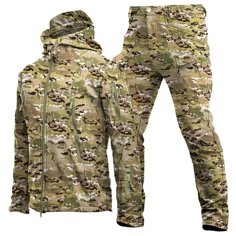 Men’s Fleece Waterproof Tactical Jacket Set – Warm Elastic Hooded Outdoor Hiking & Fishing Tracksuit S-5XL