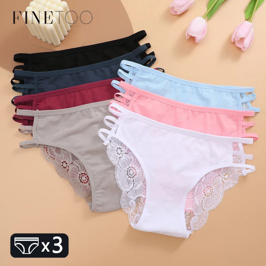 FINETOO 3PCS Women's Lace Floral Low-Waist Triple Belt Panties Soft Sexy Lingerie Underwear