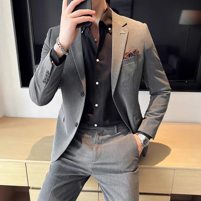 Men's High-End Solid Color Suit – Jacket & Pants for Business, Wedding & Party