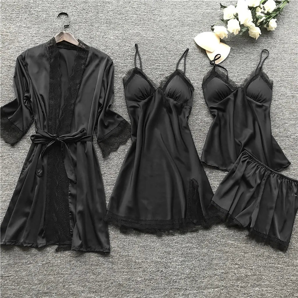 4PCS Women’s Sexy Lace Pajamas – Fashion V-Neck Nightgown with Chest Pads, Comfortable Casual Loungewear Nightdress